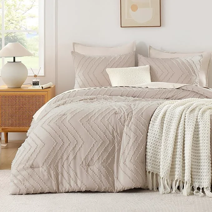 Exclusive Andency Linen Comforter Set King Size Boho Soft Warm Tufted Bedding Comforter Sets for King Size Bed 3 Pieces Aesthetic Chevron Farmhouse Cute Bohemian Textured Bedding Set Authentic