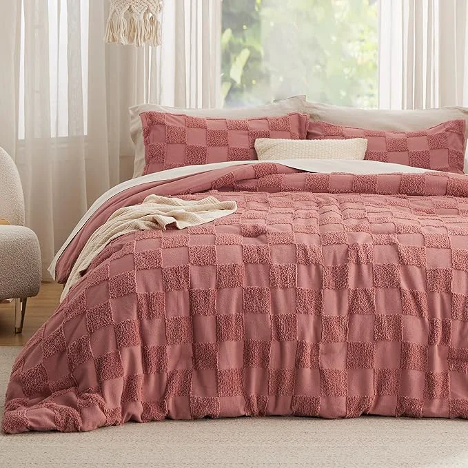 Contemporary Bedsure King Size Comforter Set Grayish Pink Boho Tufted Bed Set Checkered Farmhouse Shabby Chic Bedding 3 Pieces 1 Plaid Geometric Comforter and 2 Pillow Shams Superior