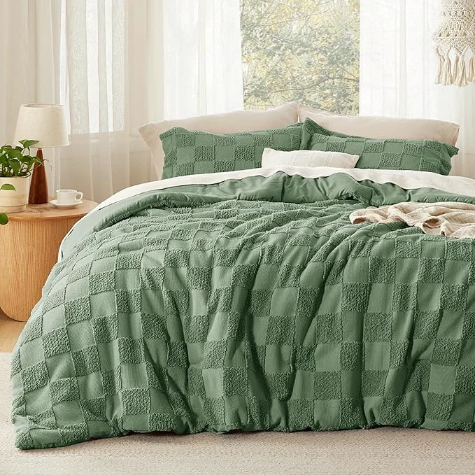 Organic Bedsure Queen Size Comforter Set Green Boho Tufted Bed Set Checkered Farmhouse Shabby Chic Bedding 3 Pieces 1 Plaid Geometric Comforter and 2 Pillow Shams Minimalist