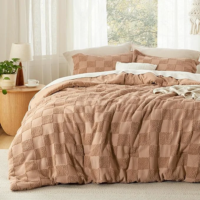 Dependable Bedsure King Size Comforter Set Taupe Boho Tufted Bed Set Checkered Farmhouse Shabby Chic Bedding 3 Pieces 1 Plaid Geometric Comforter and 2 Pillow Shams High-Quality