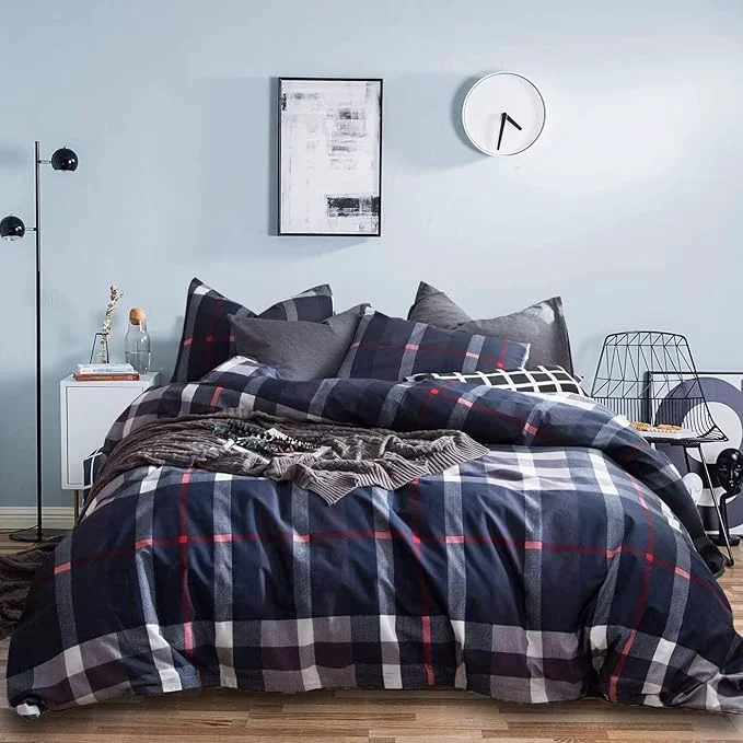Functional Houseri Dark Navy Plaid Comforter Sets Cal King Deep Blue Bedding Set California King Size Navy Grid Buffalo Checkered Bed Sets Tartan Gingham Check Blanekts Cali King Comfortable