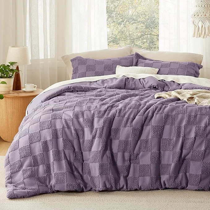 Smooth Bedsure Queen Size Comforter Set Grayish Purple Boho Tufted Bed Set Checkered Farmhouse Shabby Chic Bedding 3 Pieces 1 Plaid Geometric Comforter and 2 Pillow Shams Certified