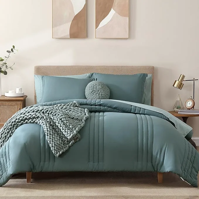 Eco-Friendly Monbix California King Size Comforter Set – 7 Pieces Bed in a Bag California King Blue Green Bedding Sets All Seasons Comforter Bed Set with Sheets Pillowcases amp Shams Contemporary