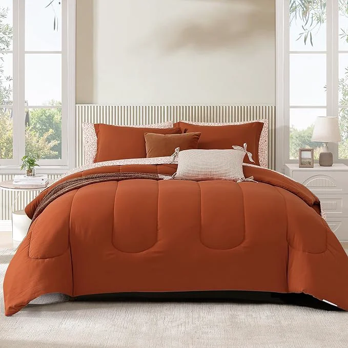 Top-Quality Monbix Queen Comforter Set – 7 Pieces Burnt Orange Bed in a Bag Queen Track Stitching Bedding Sets All Seasons Comforter Bed Set with Sheets Pillowcases amp Shams Artisan