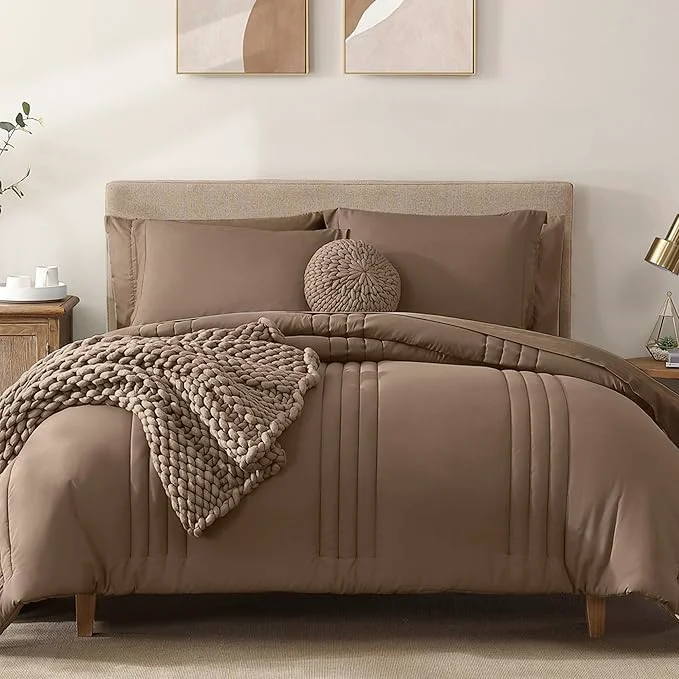 Powerful Monbix Super King Plus Size Comforter Set – 7 Pieces Raw Umber Bed in a Bag Super King Plus Bedding Sets with Comforters All Seasons Comforter Bed Set with Sheets Pillowcases amp Shams High-Performance