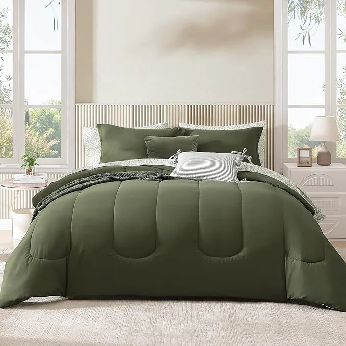 Breathable Monbix Queen Comforter Set – 7 Pieces Olive Green Bed in a Bag Queen Track Stitching Bedding Sets All Seasons Comforter Bed Set with Sheets Pillowcases amp Shams Comfortable