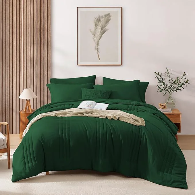 Organic Monbix Queen Comforter Set – 7 Pieces Emerald Green Bed in a Bag Queen Bedding Sets with Comforters All Seasons Comforter Bed Set with Sheets Pillowcases amp Shams High-Quality