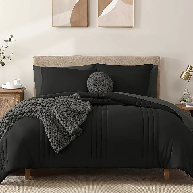 Fast Monbix Oversized King Size Comforter Set – 7 Pieces Black Bed in a Bag Oversized King Bedding Sets with Comforters All Seasons Comforter Bed Set with Sheets Pillowcases amp Shams Easy-to-Use