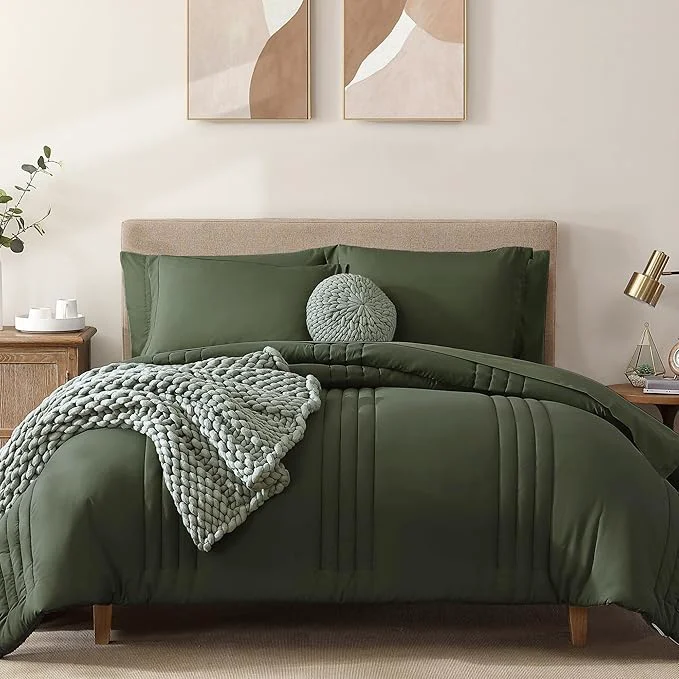 Advanced Monbix Oversized Queen Size Comforter Set – 7 Pieces Bed in a Bag Olive Green Bedding Sets with Comforter All Seasons Comforter Bed Set with Sheets Pillowcases amp Shams Smooth