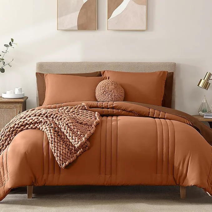 Eco-Friendly Monbix Oversized Queen Comforter Set – 7 Pieces Burnt Orange Bed in a Bag Oversized Queen Bedding Sets with Comforters All Seasons Comforter Bed Set with Sheets Pillowcases amp Shams Recyclable