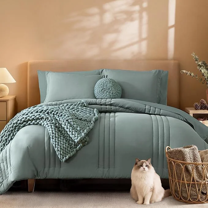 Authentic Monbix Super King Plus Size Comforter Set – 7 Pieces Sage Green Bed in a Bag Super King Plus Bedding Sets with Comforters All Seasons Comforter Bed Set with Sheets Pillowcases amp Shams Stylish