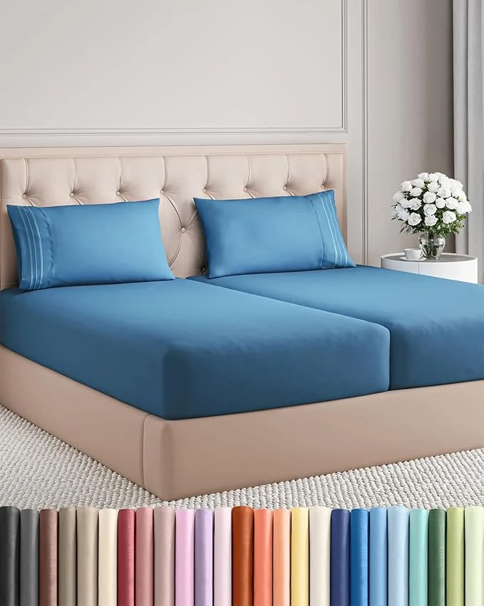 Pure Split King Size 5 Piece Sheet Set – Comfy Breathable amp Cooling Bed Sheets Set – Hotel Luxury Bedding for Women Men Kids Teens Boys amp Girls – Deep Pockets and Wrinkle – Oeko-Tex – Denim Blue Crafted