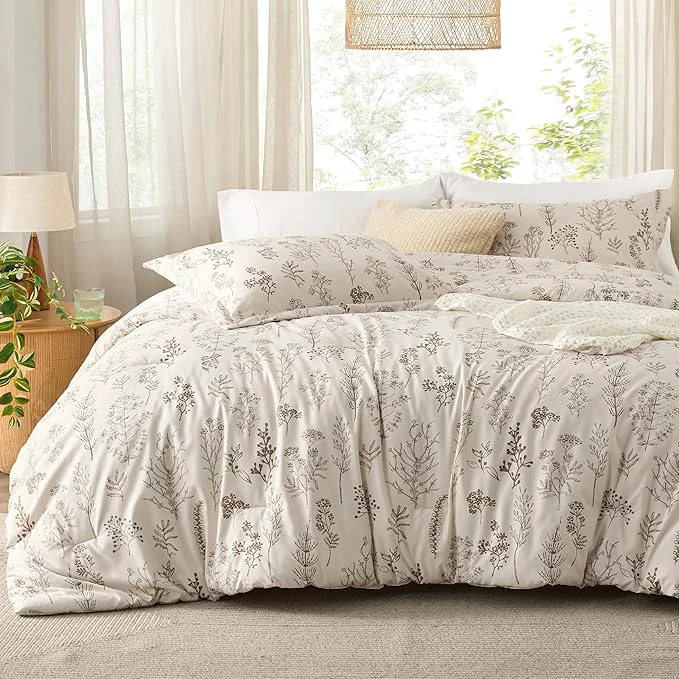 Trendy Bedsure Full Comforter Set – Beige Bed Set 3 Pieces Cute Floral Bedding 1 Soft Botanical Flowers Comforter and 2 Pillow Shams Quality