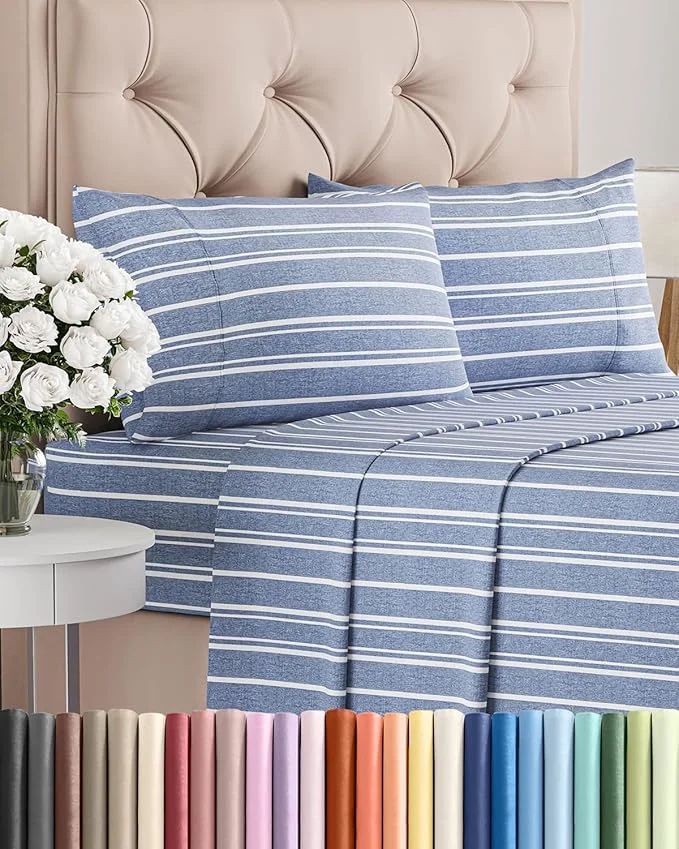 Fashionable King Size 4 Piece Sheet Set – Comfy Breathable amp Cooling Bed Sheets Set – Hotel Luxury Bedding for Women Men Kids Teens Boys amp Girls – Deep Pockets Soft Wrinkle – Oeko-Tex – Blue Stripes 3 Elite
