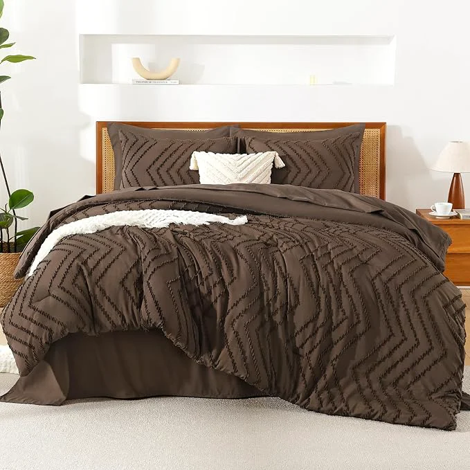 Smooth Litanika Full Size Comforter Set with Sheets Brown – 7 Pieces Bed in a Bag Full Chevron Tufted Complete Bedding Sets with Comforter Sheets Pillowcases amp Shams Minimalist