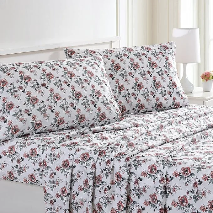 First-Class Modern Threads Printed 4-Piece Extra Soft Bedding Sheets amp Pillowcase Set Deep Pocket up to 16 inch Mattress Rose Bloom King Pure