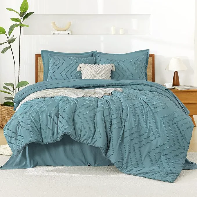 Classic Litanika Super King Plus Size Comforter Set with Sheets Grayish Teal – 7 Pieces Bed in a Bag Oversized King Boho Tufted Complete Bedding Sets with Comforter Sheets Pillowcases amp Shams Original Design