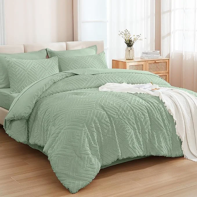 Eco-Friendly Andency Oversized King Size Comforter Set 7 Pieces Sage Green – Bed in a Bag Oversized King Boho Lightweight Fluffy Tufted Bedding Sets with Comforter Sheets Pillowcases amp Shams Sophisticated