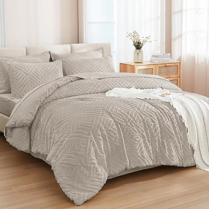 Minimalist Andency Queen Comforter Set 7 Piece Linen – Bed in a Bag Queen Boho Lightweight Fluffy Tufted Bedding Sets with Comforter Sheets Pillowcases amp Shams Environmentally Friendly