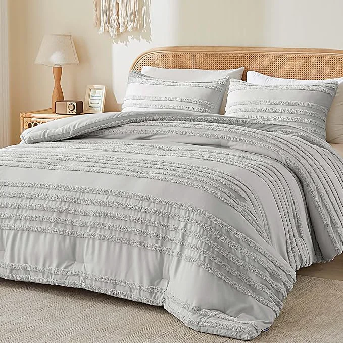 Outstanding BEDELITE Boho Comforter Set Queen Size Light Grey Tufted Striped Bed Set 3 Pieces Soft Vintage Farmhouse Comforter for All Seasons Boho Home Decor Fluffy Jacquard Bedding with 2 Pillow Shams Breathable