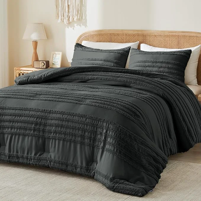 Quality BEDELITE Boho King Size Comforter Set – Dark Grey Tufted Striped Bed Set 3 Pieces Soft Vintage Farmhouse Comforter for All Seasons Boho Home Decor Fluffy Jacquard Bedding with Pillow Sham Refined