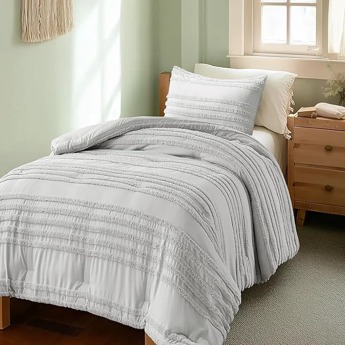 Top-Quality BEDELITE Boho Twin Twin XL Comforter Set，Light Grey Tufted Striped Bed Set 2 Pieces Soft Vintage Farmhouse Comforter for College Boho Home Dorm Decor Fluffy Jacquard Bedding with 1 Pillow Sham Fine