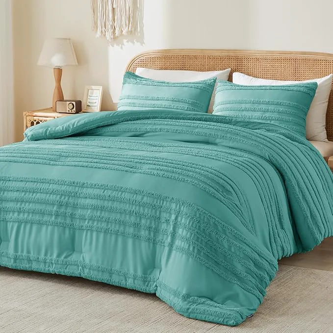 Durable BEDELITE Boho King Size Comforter Set – Aqua Tufted Striped Bed Set 3 Pieces Soft Vintage Farmhouse Comforter for All Seasons Boho Home Decor Fluffy Jacquard Bedding with Pillow Sham Advanced