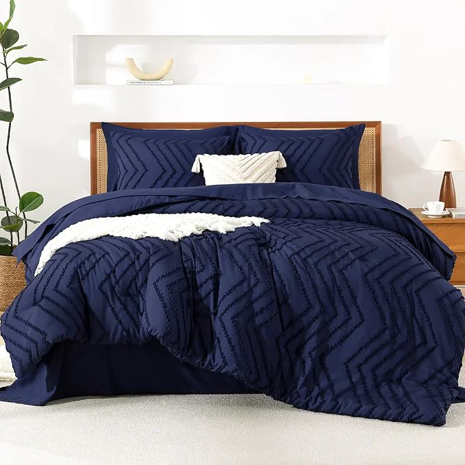 Refined Litanika California King Size Comforter Set with Sheets Navy Blue – 7 Pieces Bed in a Bag Cal King Chevron Tufted Complete Bedding Sets with Comforter Sheets Pillowcases amp Shams Secure