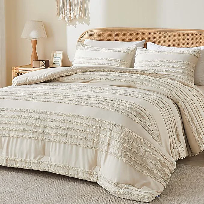 Superior BEDELITE Boho King Size Comforter Set – Beige Tufted Striped Bed Set 3 Pieces Soft Vintage Farmhouse Comforter for All Seasons Boho Home Decor Fluffy Jacquard Bedding with Pillow Sham Versatile
