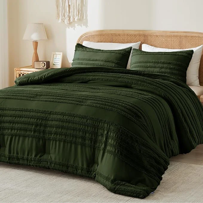 Dependable BEDELITE Boho King Size Comforter Set – Olive Green Tufted Striped Bed Set 3 Pieces Soft Vintage Farmhouse Comforter for All Seasons Boho Home Decor Fluffy Jacquard Bedding with Pillow Sham Luxury