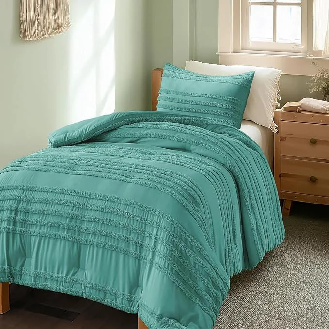 Functional BEDELITE Boho Twin Twin XL Comforter Set，Aqua Tufted Striped Bed Set 2 Pieces Soft Vintage Farmhouse Comforter for College Boho Home Dorm Decor Fluffy Jacquard Bedding with 1 Pillow Sham Relaxed