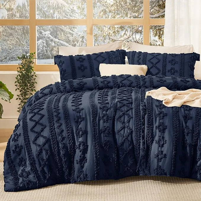 Flexible Bedsure Tufted Boho Comforter Set King Size – Navy Boho Bed Set GentleSoft™ 3 Pieces Farmhouse Shabby Chic Embroidery Bedding Gifts for Woman Soft Jacquard King Comforter for All Seasons Fashionable