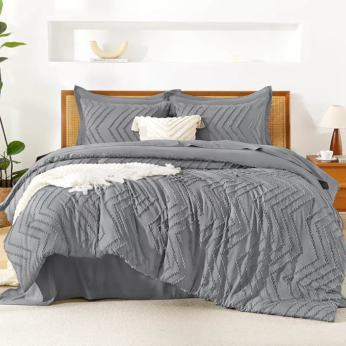 Powerful Litanika King Size Comforter Set with Sheets Medium Gray – 7 Pieces Bed in a Bag King Chevron Tufted Complete Bedding Sets with Comforter Sheets Pillowcases amp Shams Efficient