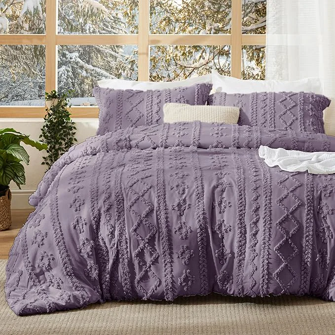 Reusable Bedsure Tufted Boho Comforter Set Twin Size – Grayish Purple Boho Bed Set GentleSoft™ 2 Pieces Farmhouse Shabby Chic Embroidery Bedding Gifts for Woman Soft Jacquard Twin Comforter for All Seasons Next-Generation