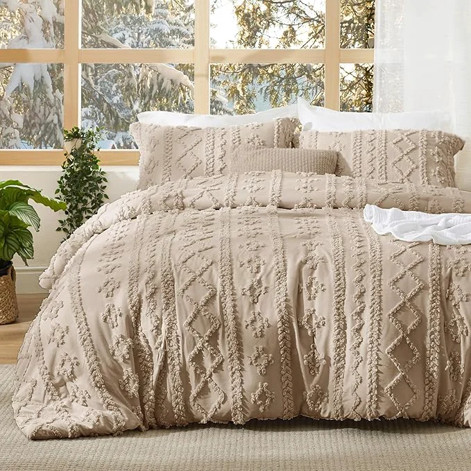 Proven Bedsure Tufted Boho Comforter Set California King Size – Khaki Boho Bed Set GentleSoft™ 3 Pieces Farmhouse Shabby Chic Embroidery Bedding Gifts for Woman Soft Jacquard Comforter for All Seasons Contemporary