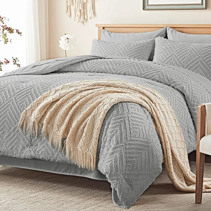 Soft Zzlpp King Comforter Set 7 Pieces Light Grey Tufted Bed in a Bag with Comforter and Sheets All Season Boho Bedding Sets with Comforter 2 Pillow Shams 2 Pillowcases 1 Flat Sheet 1 Fitted Sheet Next-Generation