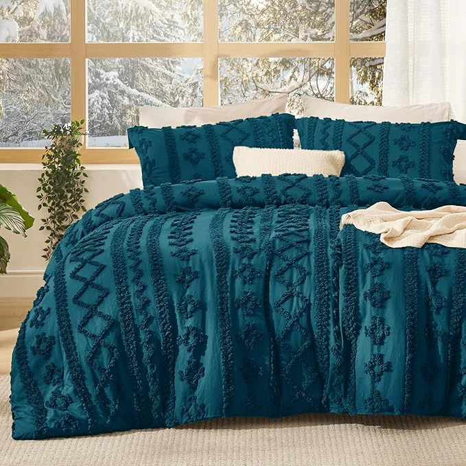 Environmentally Friendly Bedsure Tufted Boho Comforter Set King Size – Teal Boho Bed Set GentleSoft 3 Pieces Farmhouse Shabby Chic Embroidery Bedding Gifts for Woman Soft Jacquard King Comforter for All Seasons Advanced
