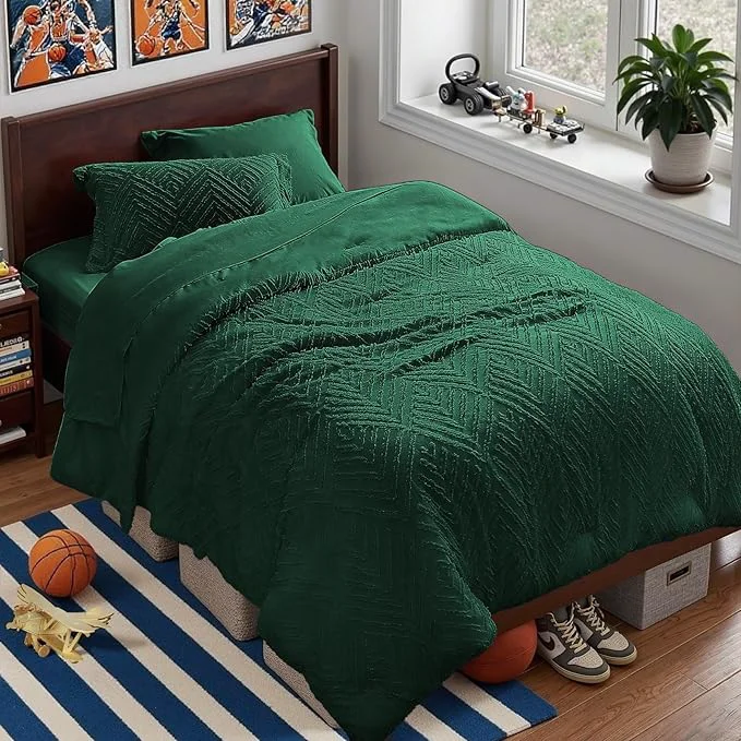 Comfortable Zzlpp Twin Comforter Set 5 pieces Emerald Green Tufted Bed in a Bag with Comforter and Sheets All Season Boho Bedding Sets with 1 Comforter 1 Pillow Sham 1 Pillowcase 1 Flat Sheet 1 Fitted Sheet