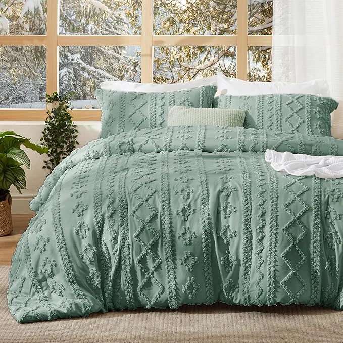Recyclable Bedsure Tufted Boho Comforter Set King Size – Green Boho Bed Set GentleSoft™ 3 Pieces Farmhouse Shabby Chic Embroidery Bedding Gifts for Woman Soft Jacquard King Comforter for All Seasons Crafted