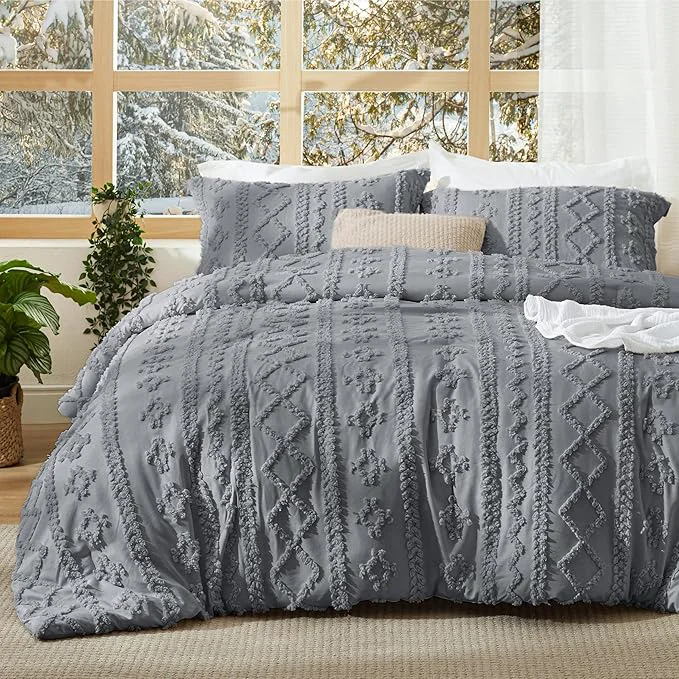 Advanced Bedsure Tufted Boho Comforter Set King Size – Grey Boho Bed Set GentleSoft™ 3 Pieces Farmhouse Shabby Chic Embroidery Bedding Gifts for Woman Soft Jacquard King Comforter for All Seasons Classic