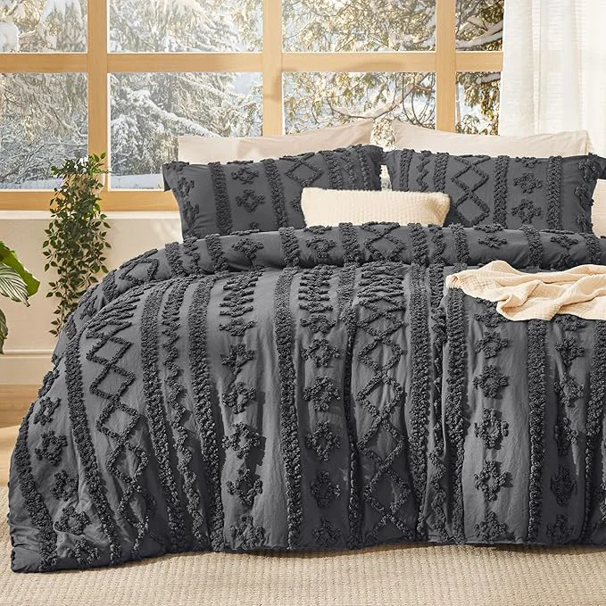Secure Bedsure Tufted Boho Comforter Set Queen Size – Dark Grey Boho Bed Set GentleSoft™ 3 Pieces Farmhouse Shabby Chic Embroidery Bedding Gifts for Woman Soft Jacquard Queen Comforter for All Seasons Consistent