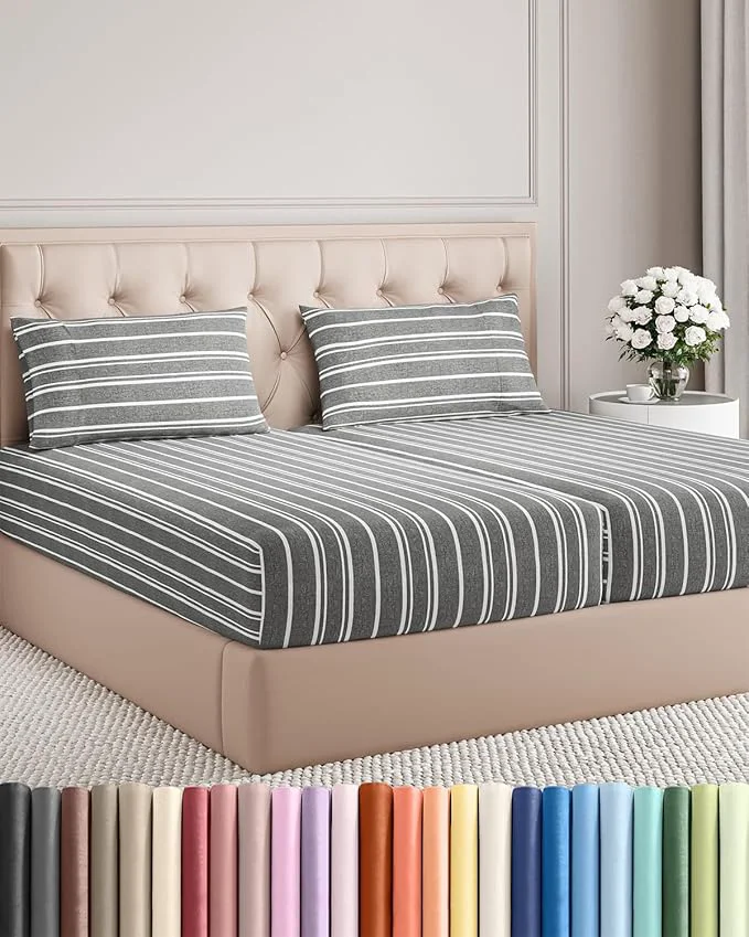 Enhanced Split King Size 5 Piece Sheet Set – Comfy Breathable amp Cooling Bed Sheets Set – Hotel Luxury Bedding for Women Men Kids Teens Boys amp Girls – Deep Pockets amp Wrinkle – Oeko-Tex – Grey Stripes 3 Healthy