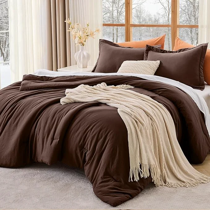 Eco-Friendly MUXHOMO Queen Comforter Set All Season Ultra Soft Down Bedding – 3 Piece Lightweight Bed Set Includes 1 Comforter 90 quot x90 quot and 2 Pillow Shams 20 quot x26 quot Dark Brown High-Grade