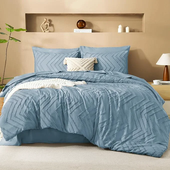 Flexible Litanika Twin Comforter Set with Sheets Dusty Blue – 5 Pieces Boho Tufted Shabby Chic Bed in a Bag Fluffy Soft Farmhouse Bed Set for All Seasons Refined