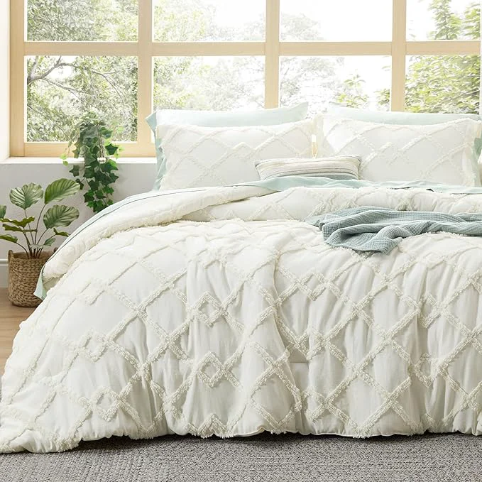 Certified Bedsure Boho Comforter Set King – Ivory Tufted King Size Comforter 3 Pieces Farmhouse Shabby Chic Embroidery Bed Set Soft Fluffy Geometric Pattern Bedding for All Seasons Proven