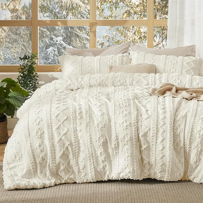 Fashionable Bedsure Tufted Boho Comforter Set California King Size – Ivory Boho Bed Set GentleSoft™ 3 Pieces Farmhouse Shabby Chic Embroidery Bedding Gifts for Woman Soft Jacquard Comforter for All Seasons Safe