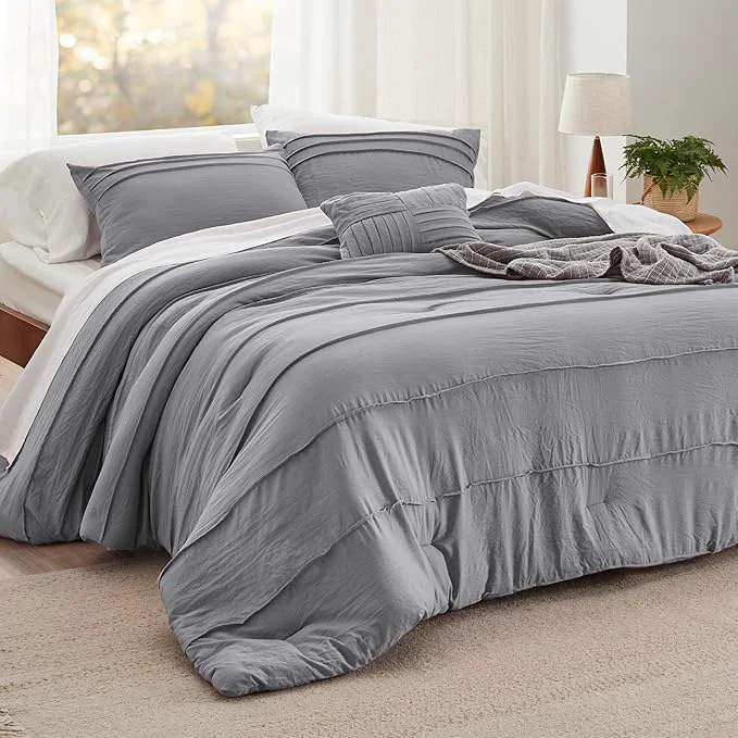 Sustainable Bedsure California King Comforter Set – 4 Pieces Pinch Pleat Bed Set Grey Boho Bedding for All Season 1 Soft Comforter 2 Pillowcases 1 Decorative Pillow High-Grade