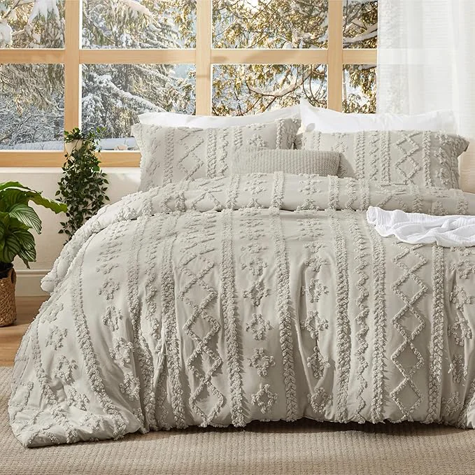 Professional Bedsure Tufted Boho Comforter Set Twin Size – Linen Boho Bed Set GentleSoft™ 2 Pieces Farmhouse Shabby Chic Embroidery Bedding Gifts for Woman Soft Jacquard Twin Comforter for All Seasons Contemporary