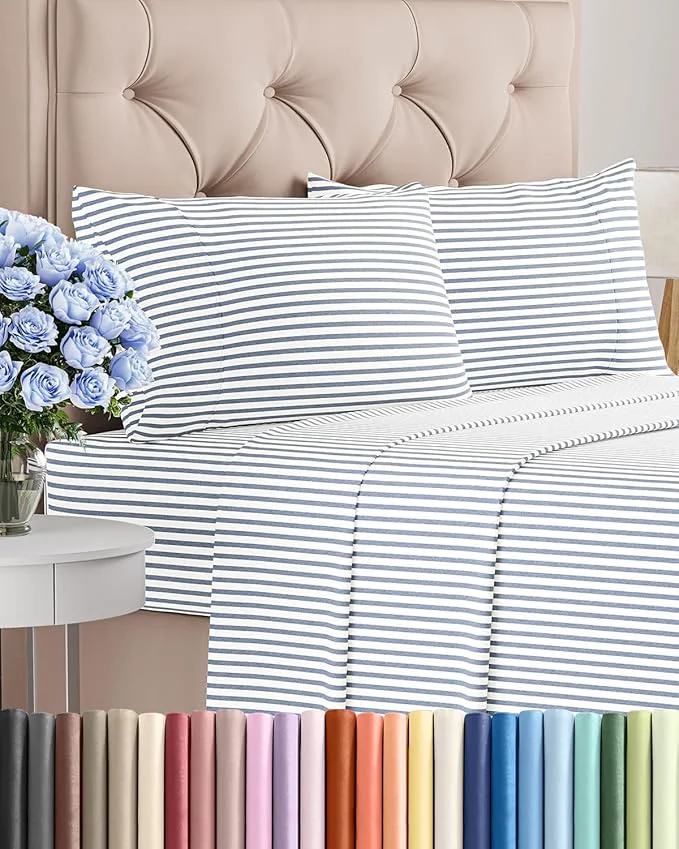 Sustainable Full Size 4 Piece Sheet Set – Comfy Breathable amp Cooling Bed Sheets Set – Hotel Luxury Bedding for Women Men Kids Teens Boys amp Girls – Deep Pockets Soft Wrinkle – Oeko-Tex – Blue Stripes 2 Enhanced