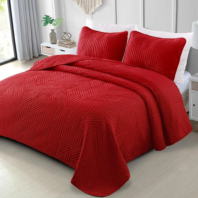 Enhanced Exclusivo Mezcla Ultrasonic King Quilt Bedding Set Lightweight Red Bedspreads Soft Modern Geometric Coverlet Set for All Seasons 1 Quilt and 2 Pillow Shams Green